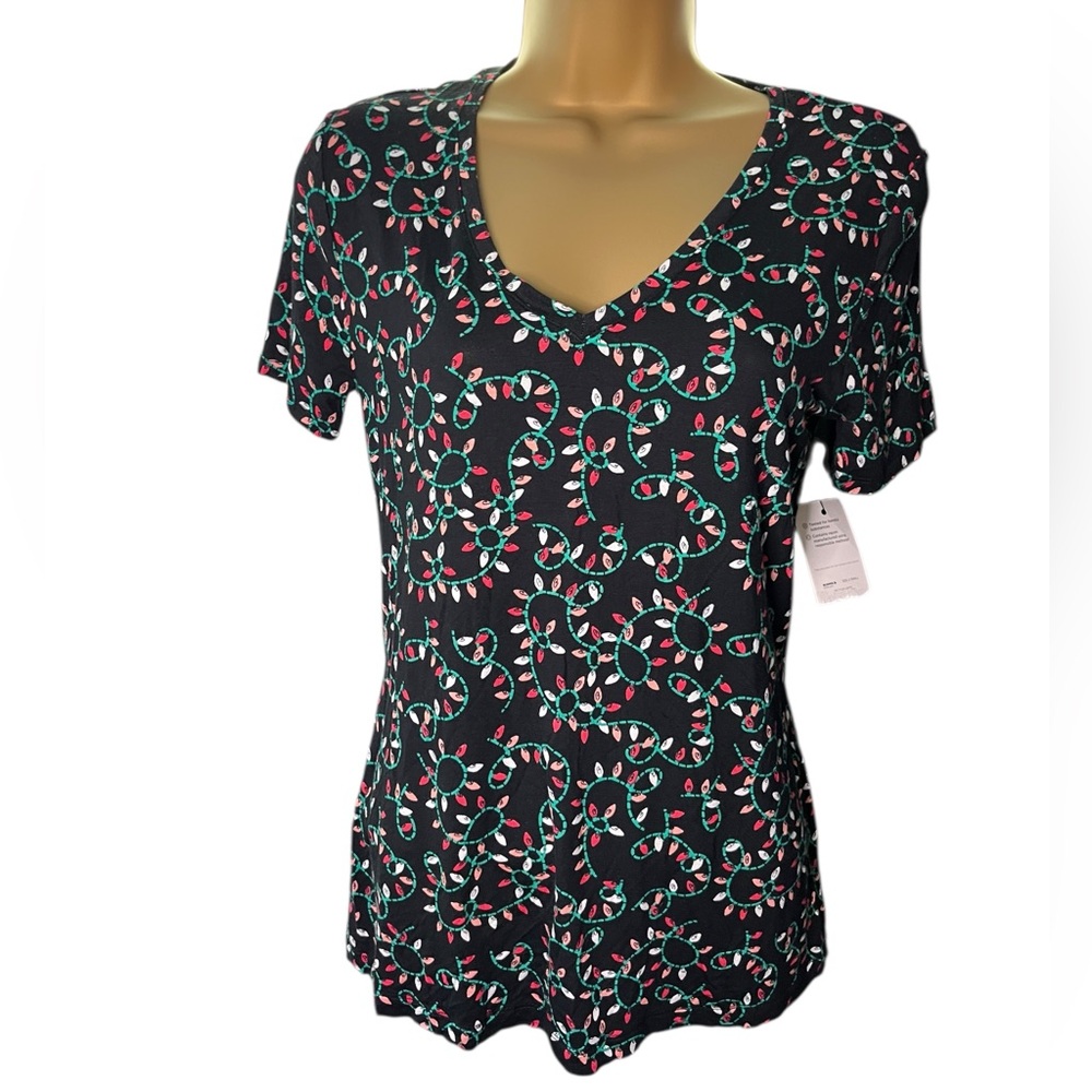 Celebrate Together Christmas Fitted V-Neck Tee Holiday Lights Print Black XS